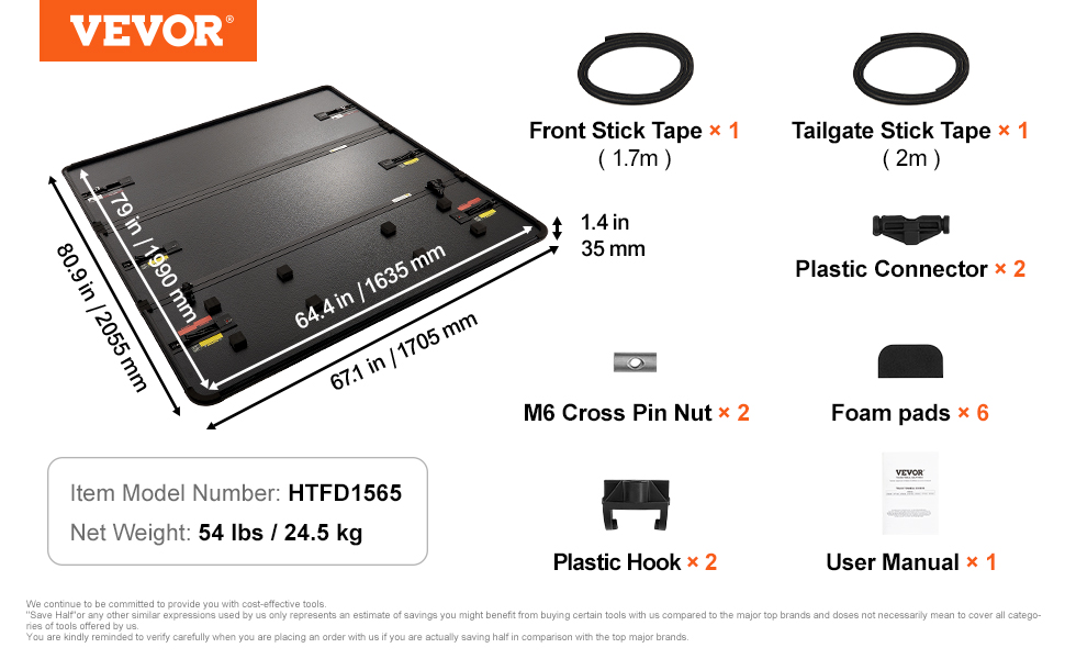 VEVOR truck bed cover with dimensions, stick tapes, hooks, connectors, m6 nuts, foam pads, and user manual.