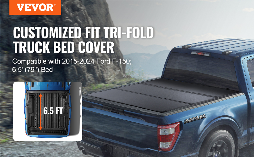 VEVOR truck bed cover for a 2015-2024 ford f-150 with a 6.5' tri-fold design.