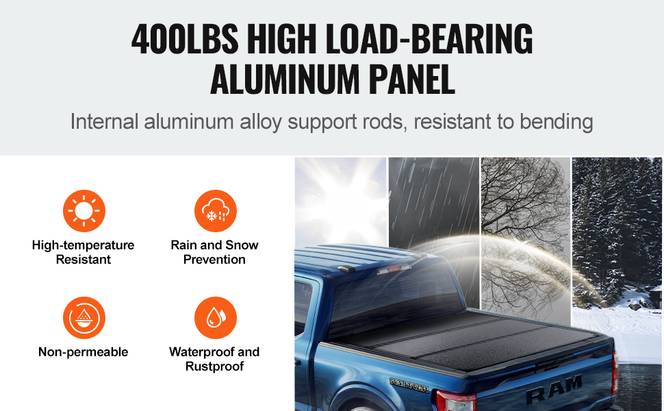 400lbs high load-bearing VEVOR truck bed cover on blue ram truck, highlighting weather resistance.