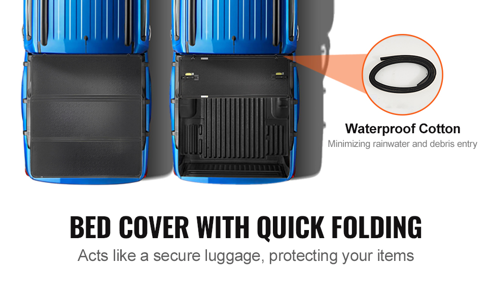 VEVOR truck bed cover with quick folding feature, shown on a blue truck, with waterproof cotton detail.