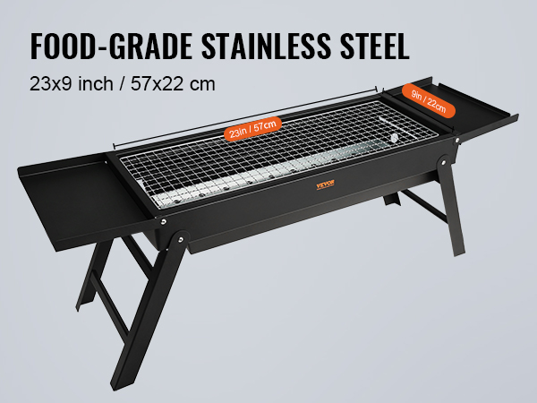 VEVOR portable charcoal grill in food-grade stainless steel, dimensions 23x9 inches (57x22 cm).