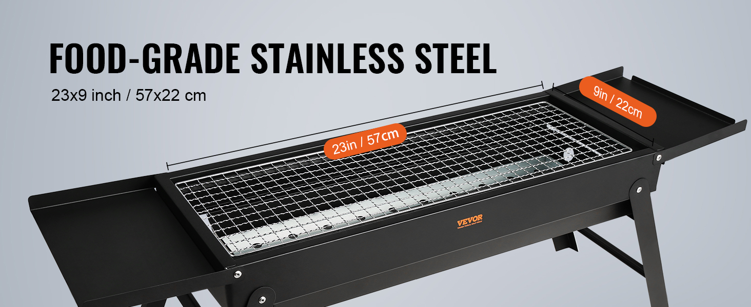 VEVOR portable charcoal grill in food-grade stainless steel, dimensions 23x9 inches (57x22 cm).