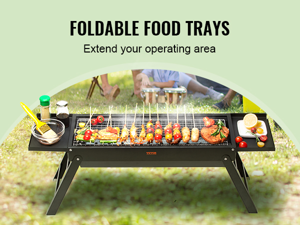 VEVOR portable charcoal grill with foldable food trays, skewer grilling, and outdoor cooking setup.