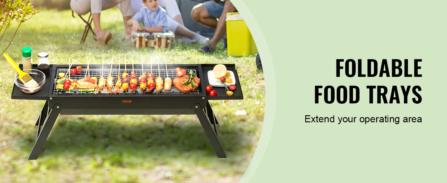 VEVOR portable charcoal grill with foldable food trays, skewer grilling, and outdoor cooking setup.