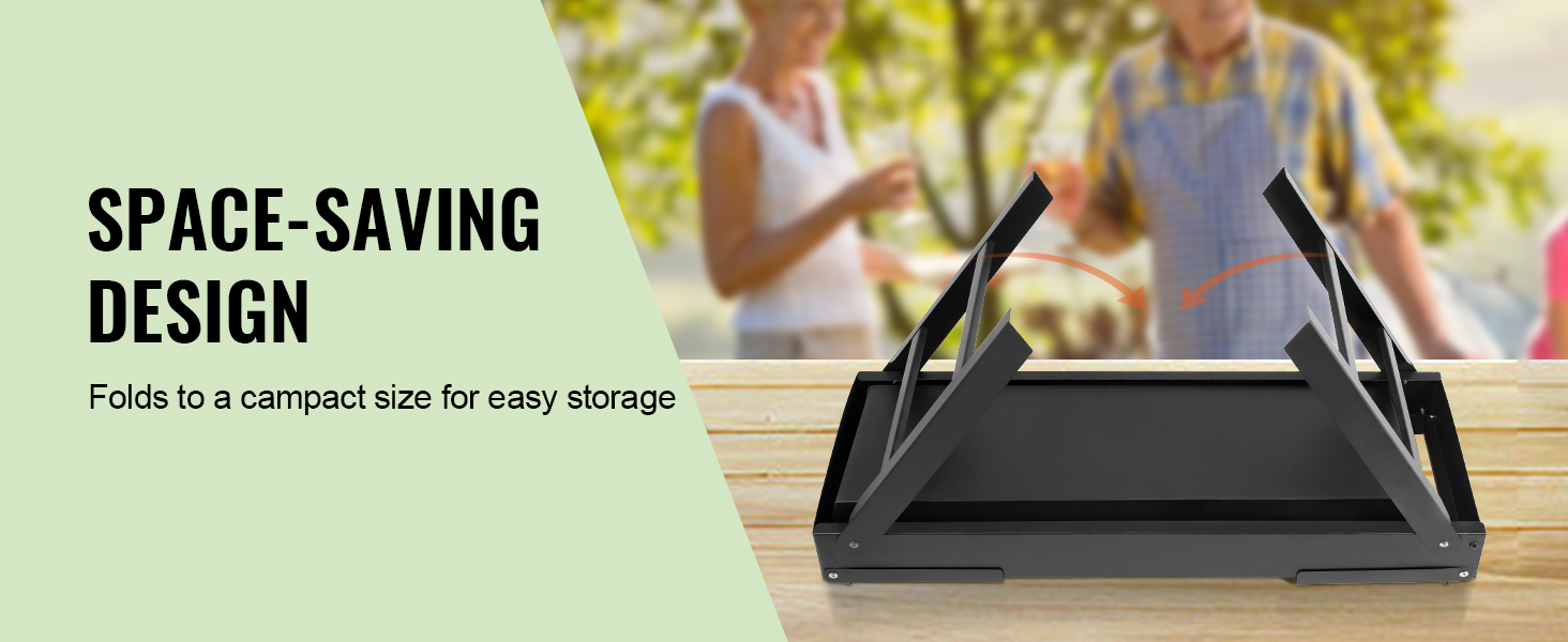 VEVOR portable charcoal grill with space-saving design, folds to compact size for easy storage.