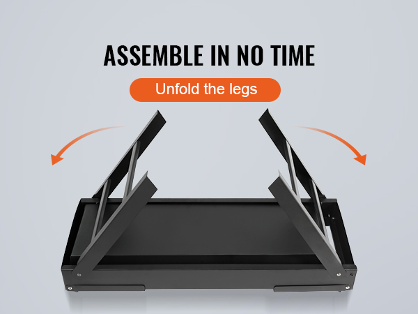 VEVOR portable charcoal grill assembly graphic, showcasing folding legs with orange directional arrows.