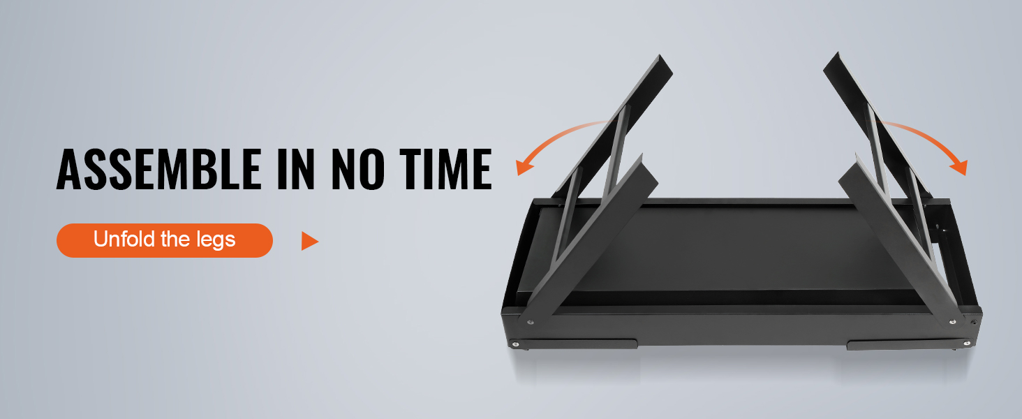 VEVOR portable charcoal grill assembly graphic, showcasing folding legs with orange directional arrows.