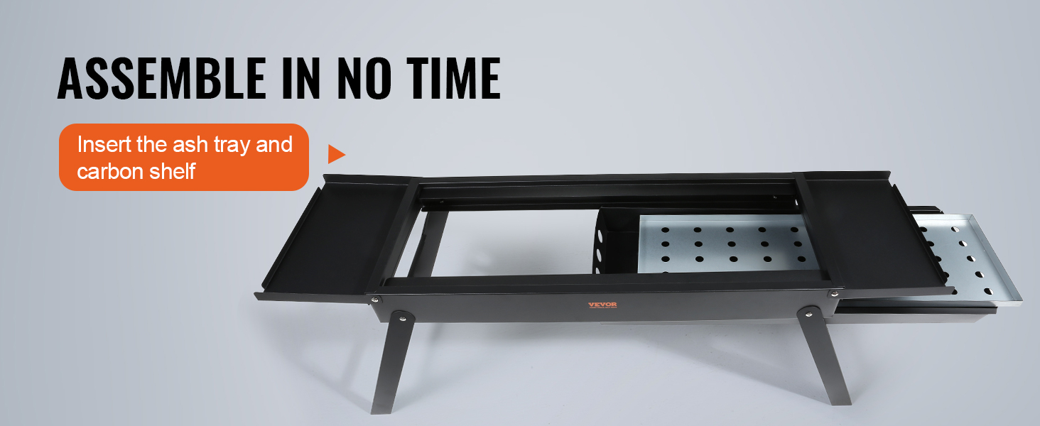 VEVOR portable charcoal grill, easily assembled with an ash tray and carbon shelf for quick setup.