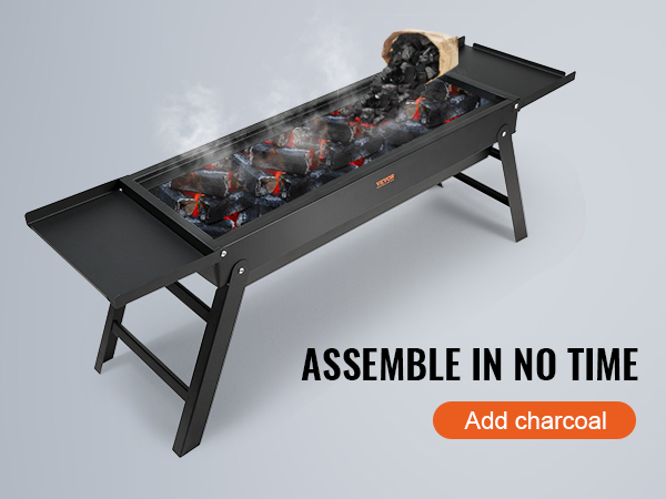 VEVOR portable charcoal grill with burning coals and side shelves, "assemble in no time" text.