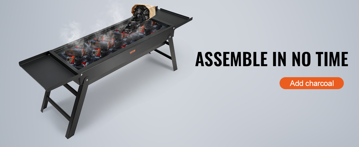 VEVOR portable charcoal grill with burning coals and side shelves, "assemble in no time" text.