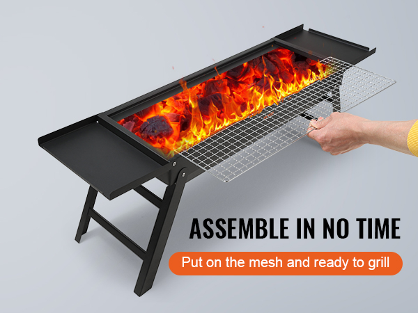 assemble in no time: VEVOR portable charcoal grill with flames, ready for grilling.
