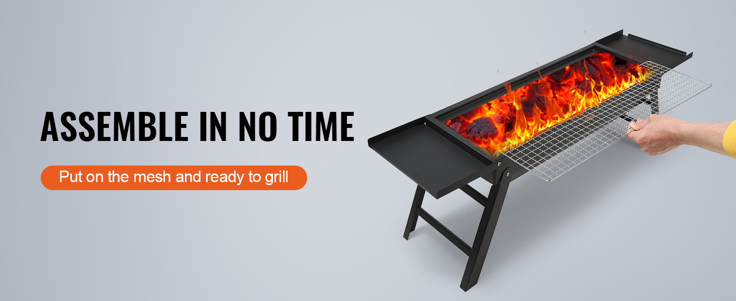 assemble in no time: VEVOR portable charcoal grill with flames, ready for grilling.