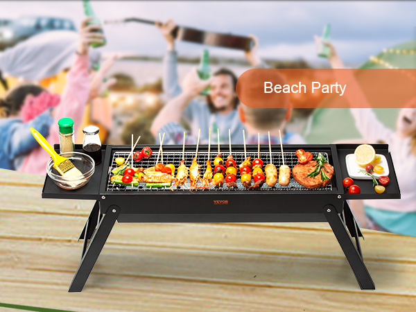 beach party with VEVOR portable charcoal grill featuring grilled meats and veggies on skewers.