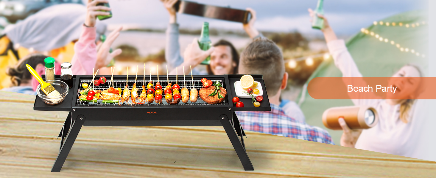 beach party with VEVOR portable charcoal grill featuring grilled meats and veggies on skewers.