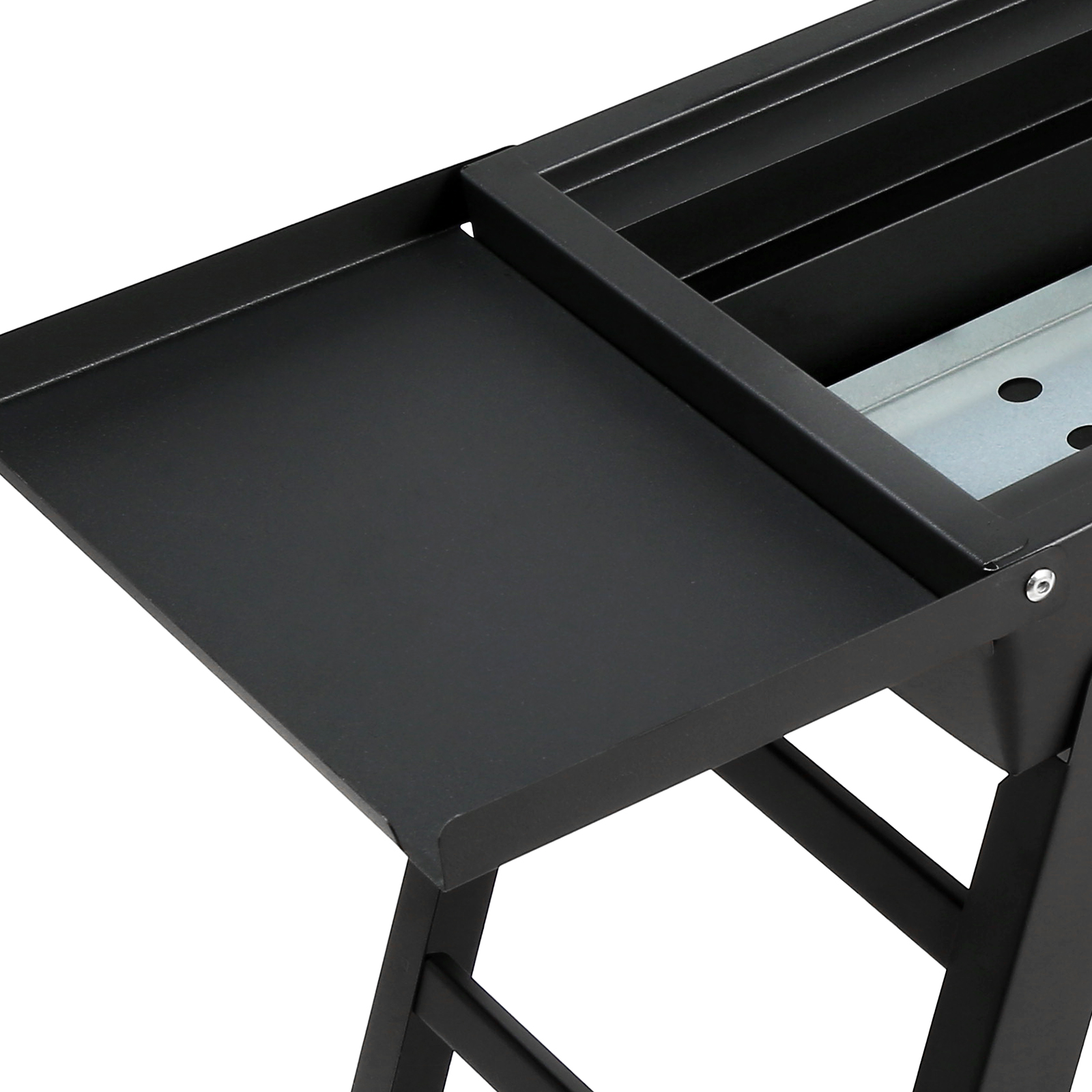 VEVOR portable charcoal grill close-up showing black metal side shelf and grilling surface.