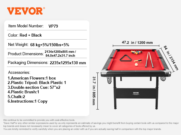 VEVOR billiards table, black frame with red felt, pool accessories included, dimensions shown.