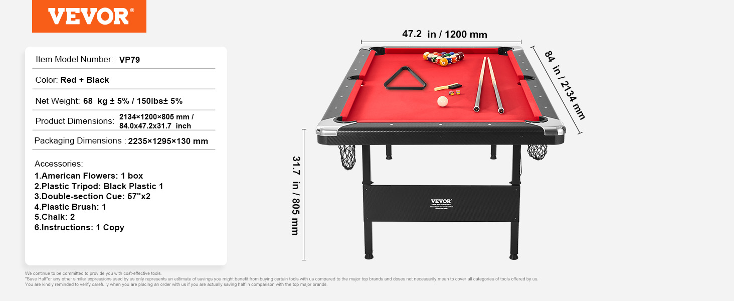 VEVOR billiards table, black frame with red felt, pool accessories included, dimensions shown.