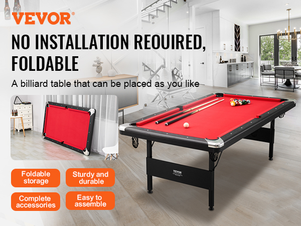 VEVOR billiards table folded and unfolded in a modern living room with red felt and accessories.