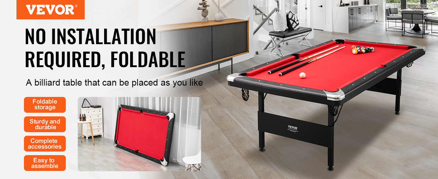 VEVOR billiards table folded and unfolded in a modern living room with red felt and accessories.
