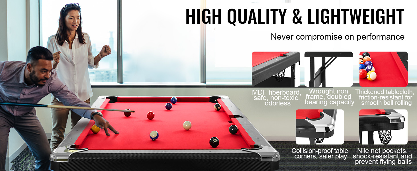 playing on a red VEVOR billiards table with mdf fiberboard, wrought iron frame, and nile net pockets.
