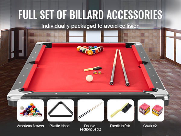 VEVOR billiards table with red felt, full set of balls, cues, chalk, brush, and triangle rack.