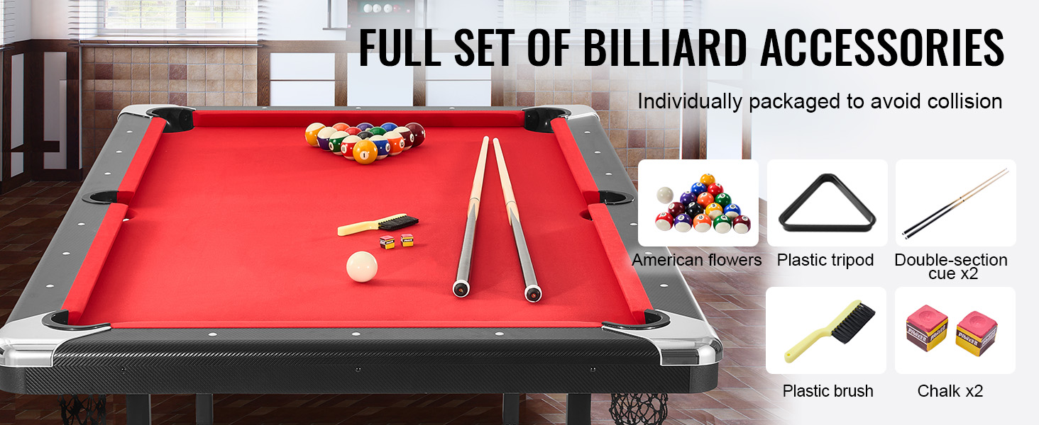 VEVOR billiards table with red felt, full set of balls, cues, chalk, brush, and triangle rack.