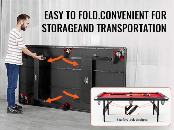 VEVOR billiards table folded for storage, featuring four safety lock designs and easy transportation.