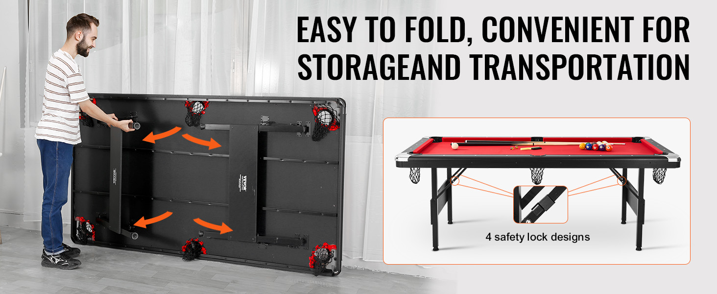 VEVOR billiards table folded for storage, featuring four safety lock designs and easy transportation.