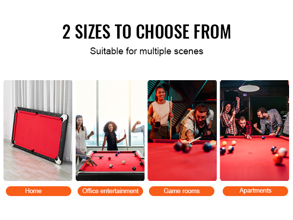 VEVOR billiards table suitable for home, office entertainment, game rooms, and apartments. two sizes available.