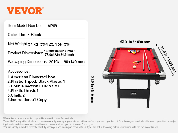 VEVOR billiards table with red felt, black frame, dimensions, weight, and accessory details.