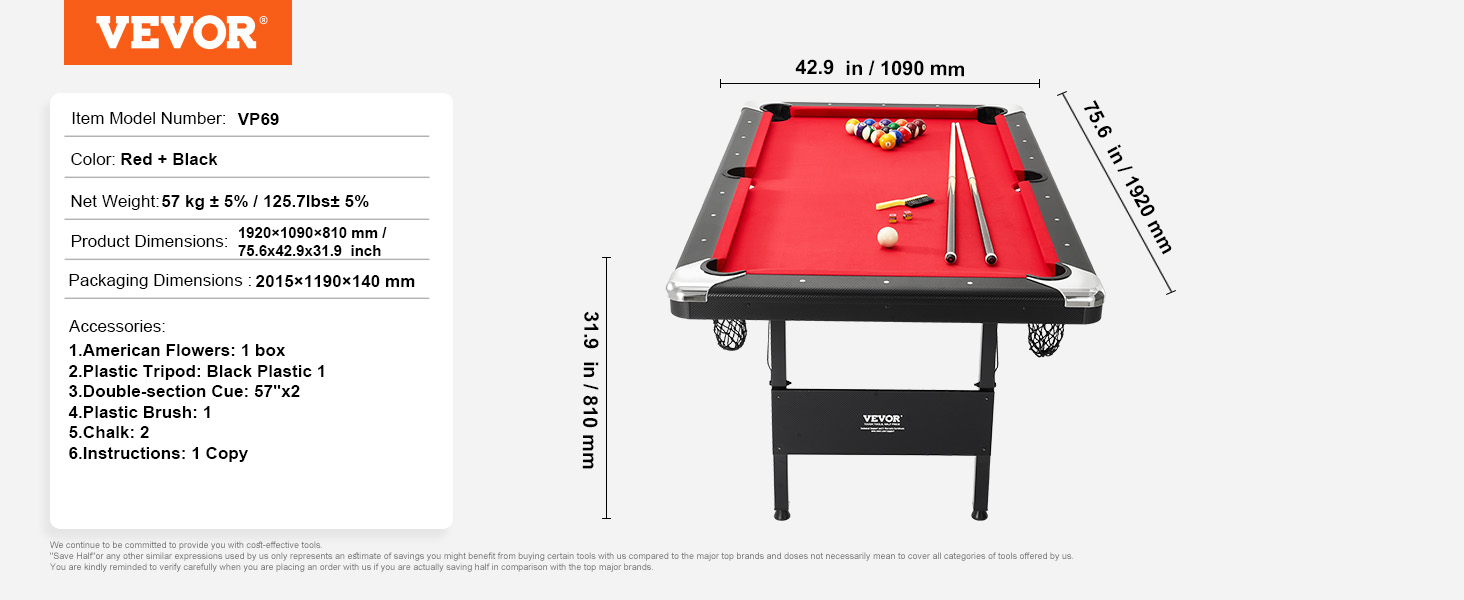 VEVOR billiards table with red felt, black frame, dimensions, weight, and accessory details.