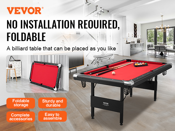 VEVOR billiards table, foldable, no installation required, sturdy, complete accessories with red felt.