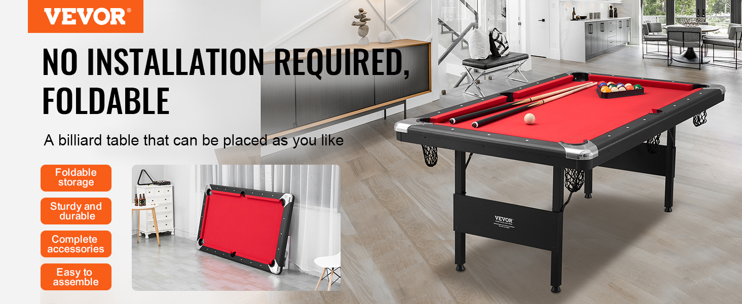 VEVOR billiards table, foldable, no installation required, sturdy, complete accessories with red felt.