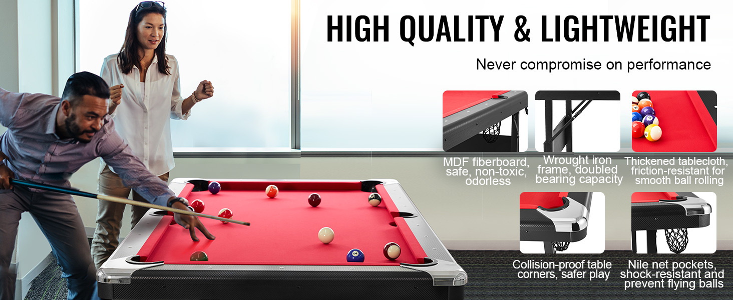 people playing on a VEVOR billiards table with red felt, showcasing high quality and lightweight features.