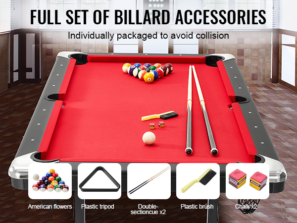 red VEVOR billiards table with full set of accessories including cues, balls, tripod, brush, and chalk.