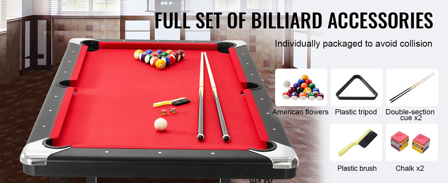 red VEVOR billiards table with full set of accessories including cues, balls, tripod, brush, and chalk.