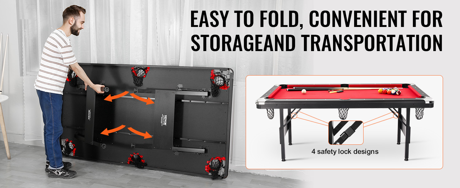 VEVOR billiards table being folded for easy storage, featuring 4 safety lock designs and a red playing surface.