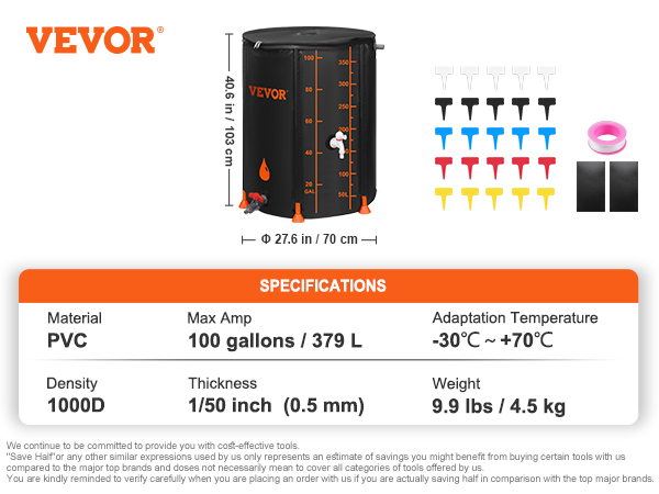VEVOR rain barrel specifications: pvc material, 100 gallons, 1000d density, 103 cm height, 70 cm width.