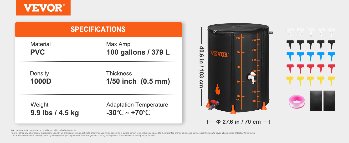 VEVOR rain barrel specifications: pvc material, 100 gallons, 1000d density, 103 cm height, 70 cm width.