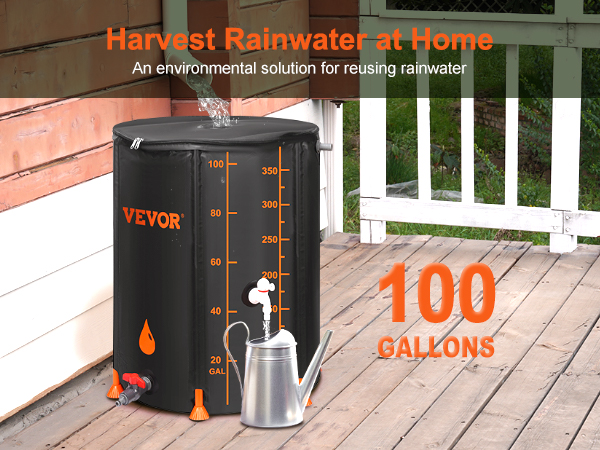 VEVOR rain barrel collects rainwater, holds 100 gallons, ideal for sustainable home water reuse.