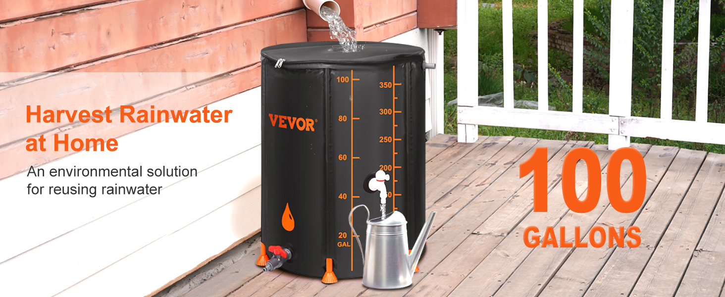 VEVOR rain barrel collects rainwater, holds 100 gallons, ideal for sustainable home water reuse.