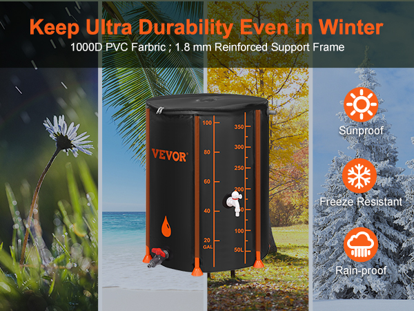 VEVOR rain barrel showcasing durability, 1000d pvc fabric, reinforced frame, sunproof, freeze and rain resistant.