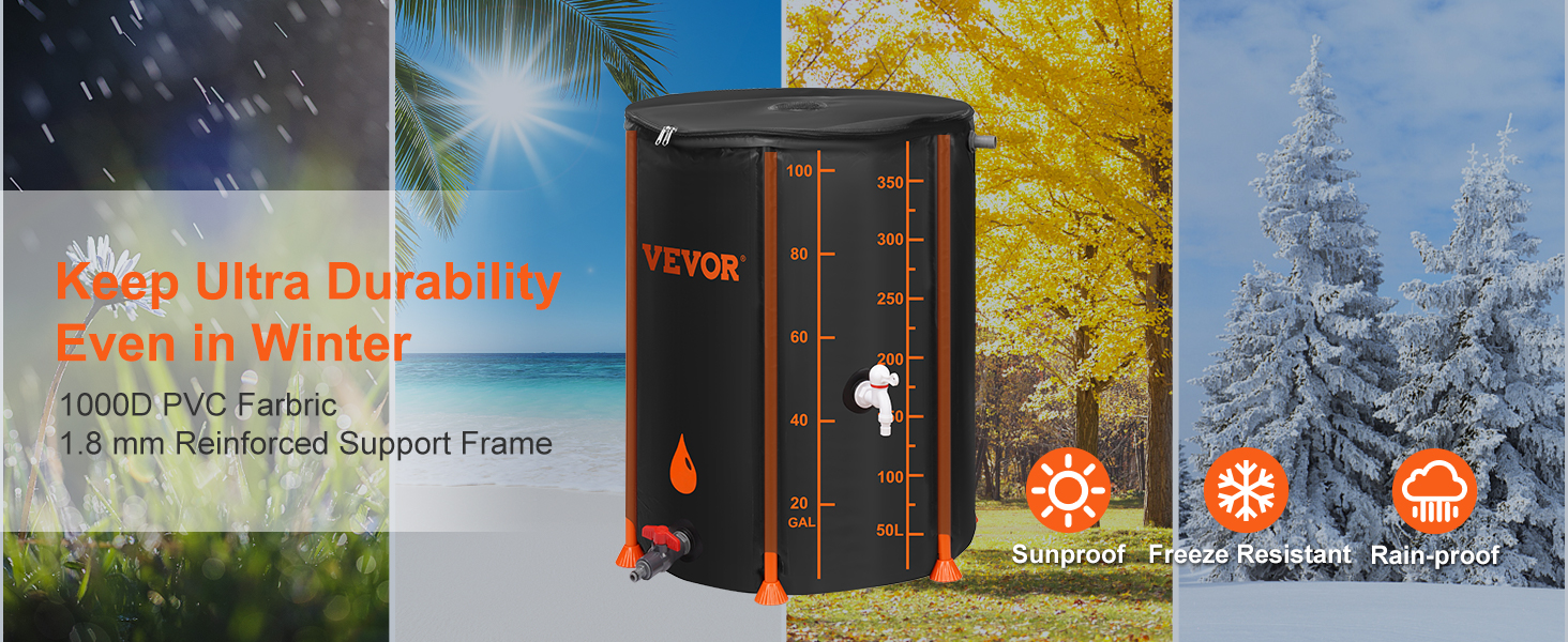 VEVOR rain barrel showcasing durability, 1000d pvc fabric, reinforced frame, sunproof, freeze and rain resistant.