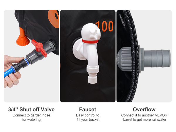 VEVOR rain barrel with 3/4" shut off valve, easy-to-use faucet, and overflow connector for additional barrels.