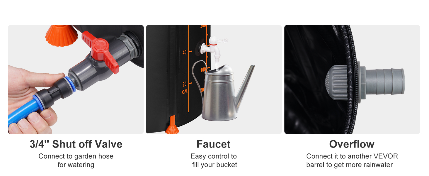 VEVOR rain barrel with 3/4" shut off valve, easy-to-use faucet, and overflow connector for additional barrels.