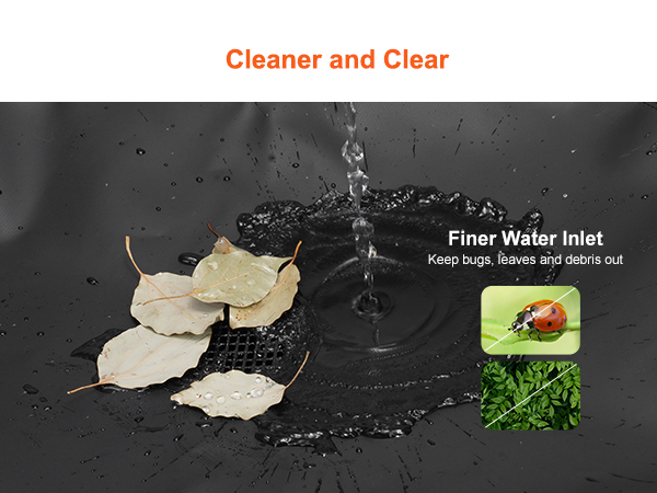 cleaner water stream removing leaves and debris with text highlighting "cleaner and clear" VEVOR rain barrel.