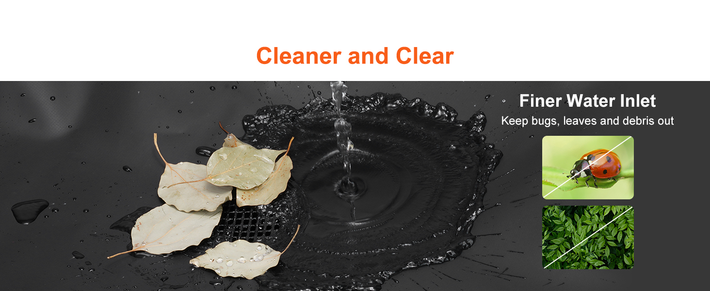 cleaner water stream removing leaves and debris with text highlighting "cleaner and clear" VEVOR rain barrel.