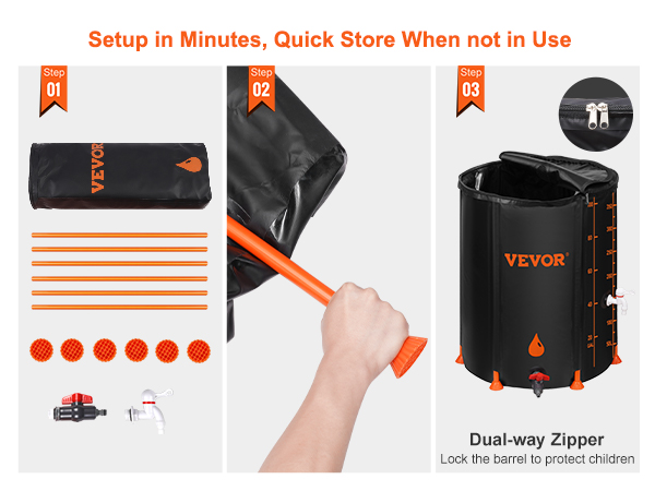 three-step setup guide for VEVOR rain barrel featuring assembly components, installation, and dual-way zipper.