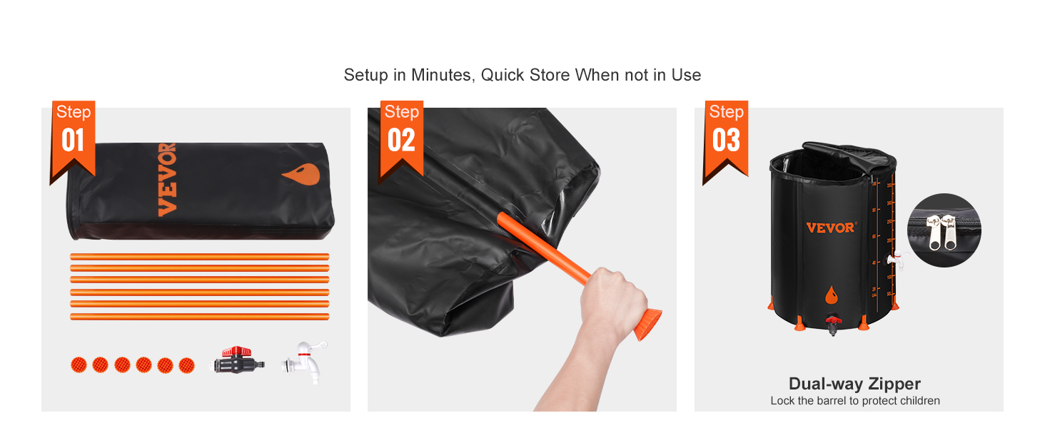 three-step setup guide for VEVOR rain barrel featuring assembly components, installation, and dual-way zipper.
