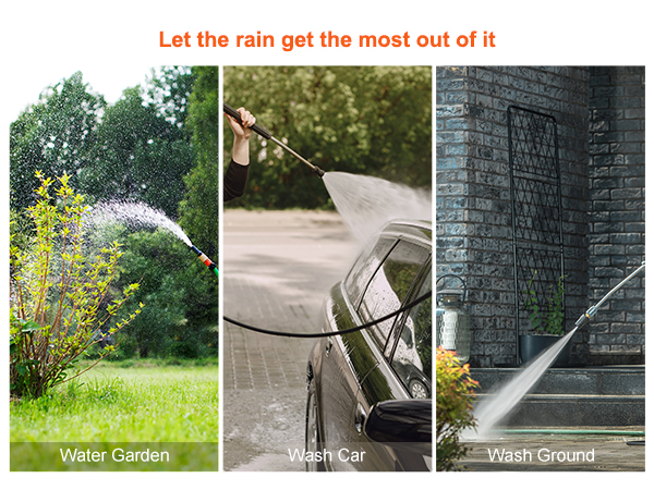 watering plants, washing a car, and cleaning pavement using VEVOR rain barrel collected water.